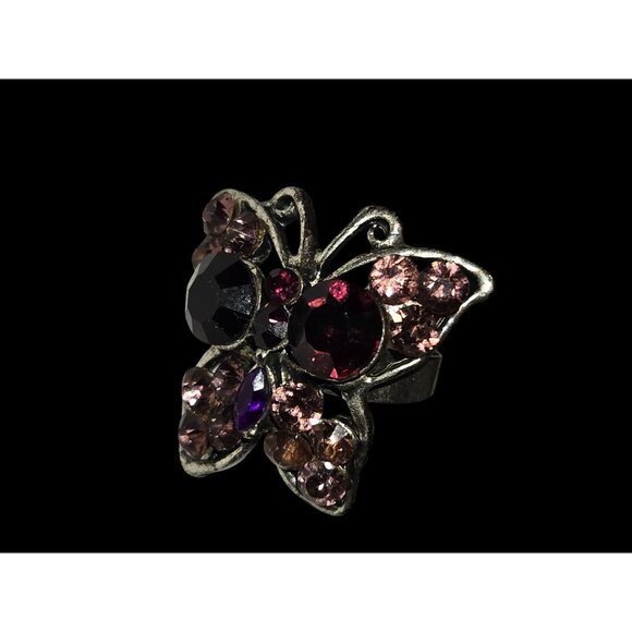 Vintage Butterfly Ring With Pink & Purple Rhinestones On Silver-Tone Band - Picture 2 of 10